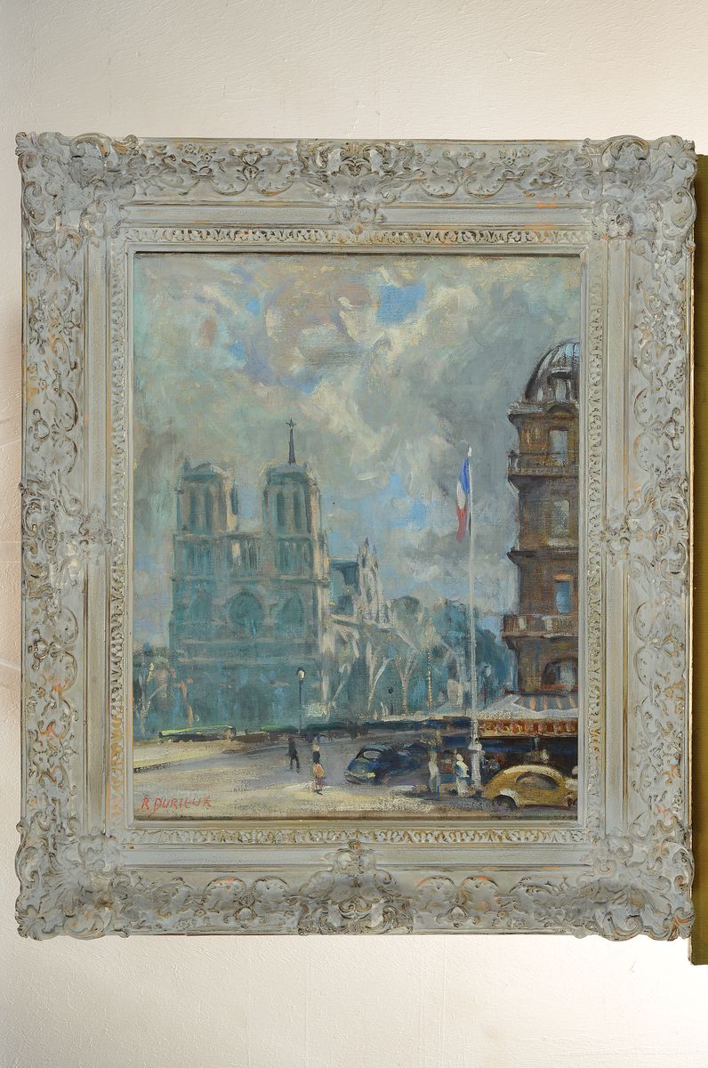Detail k: René Auguste Durieux, 1892-1952 Bordeaux, Blick auf die Kathedrale Notre-Dame in Paris, Öl/Lwd, links unten signiert, ca. 56x46cm, R. ca. 9cm ...