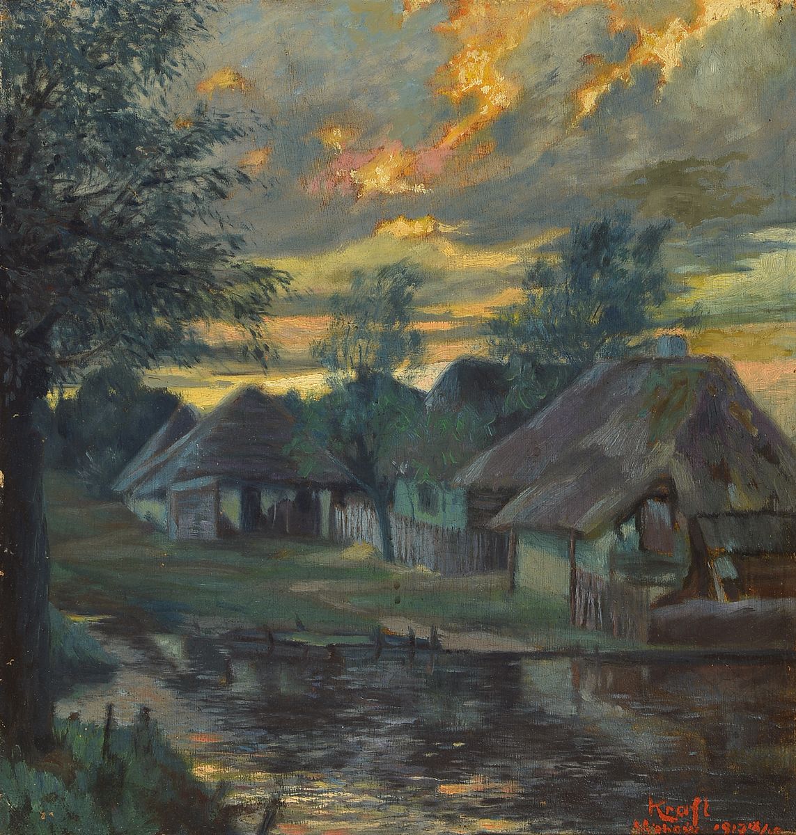 Kraft, wohl ungarischer Maler, datiert 1917,Abendstimmung über einer Reihe reetgedeckter Hütten, Öl/Lwd, rechts unten signiert und dat. sowie bez. ...