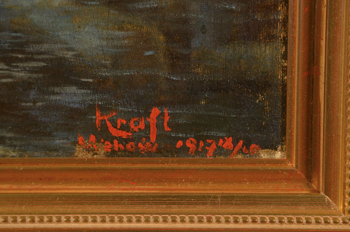 Detail a: Kraft, wohl ungarischer Maler, datiert 1917,Abendstimmung über einer Reihe reetgedeckter Hütten, Öl/Lwd, rechts unten signiert und dat. sowie bez. ...