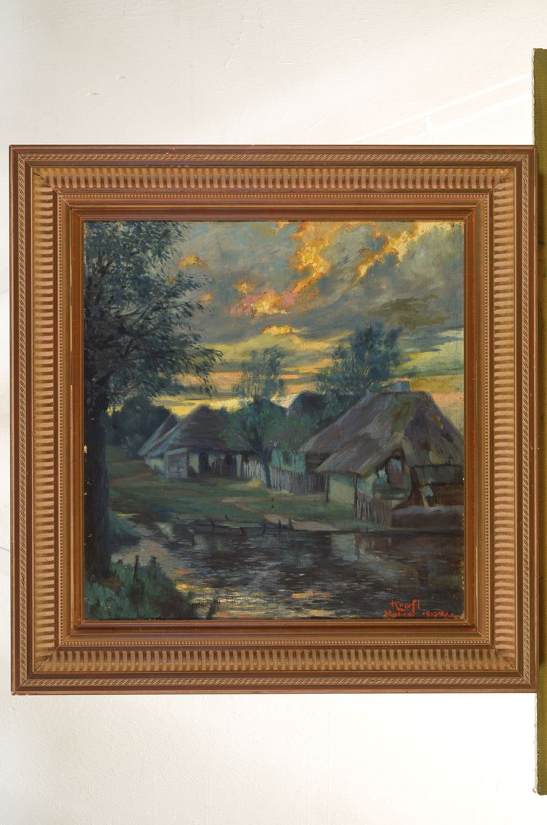 Detail k: Kraft, wohl ungarischer Maler, datiert 1917,Abendstimmung über einer Reihe reetgedeckter Hütten, Öl/Lwd, rechts unten signiert und dat. sowie bez. ...