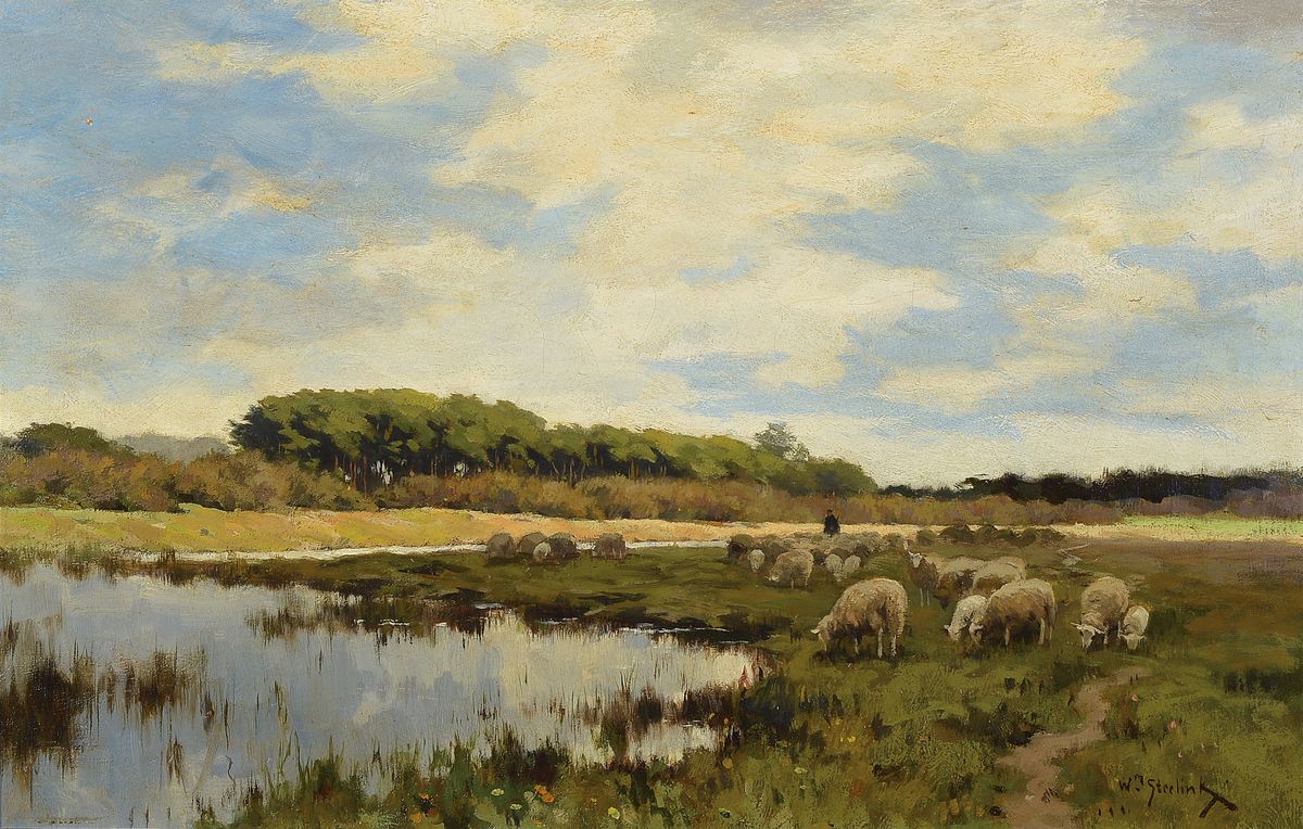 Willem Steelink II, 1856-1928 Amsterdam, Schafherde mit ihrem Hirten im Moor, Öl/Lwd, rechts unten signiert, ca. 44x66cm, R. ca. 64x86cm