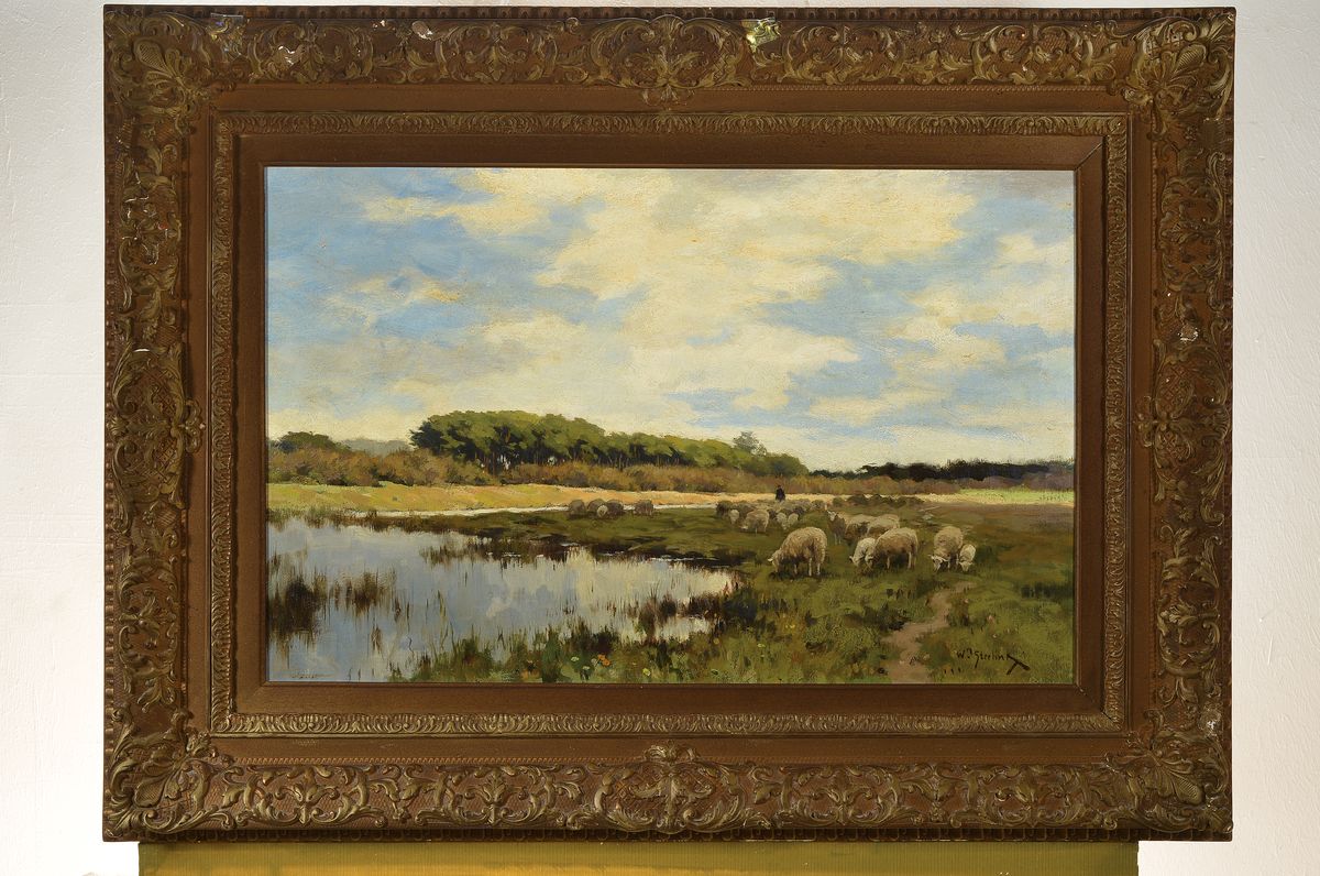 Detail k: Willem Steelink II, 1856-1928 Amsterdam, Schafherde mit ihrem Hirten im Moor, Öl/Lwd, rechts unten signiert, ca. 44x66cm, R. ca. 64x86cm