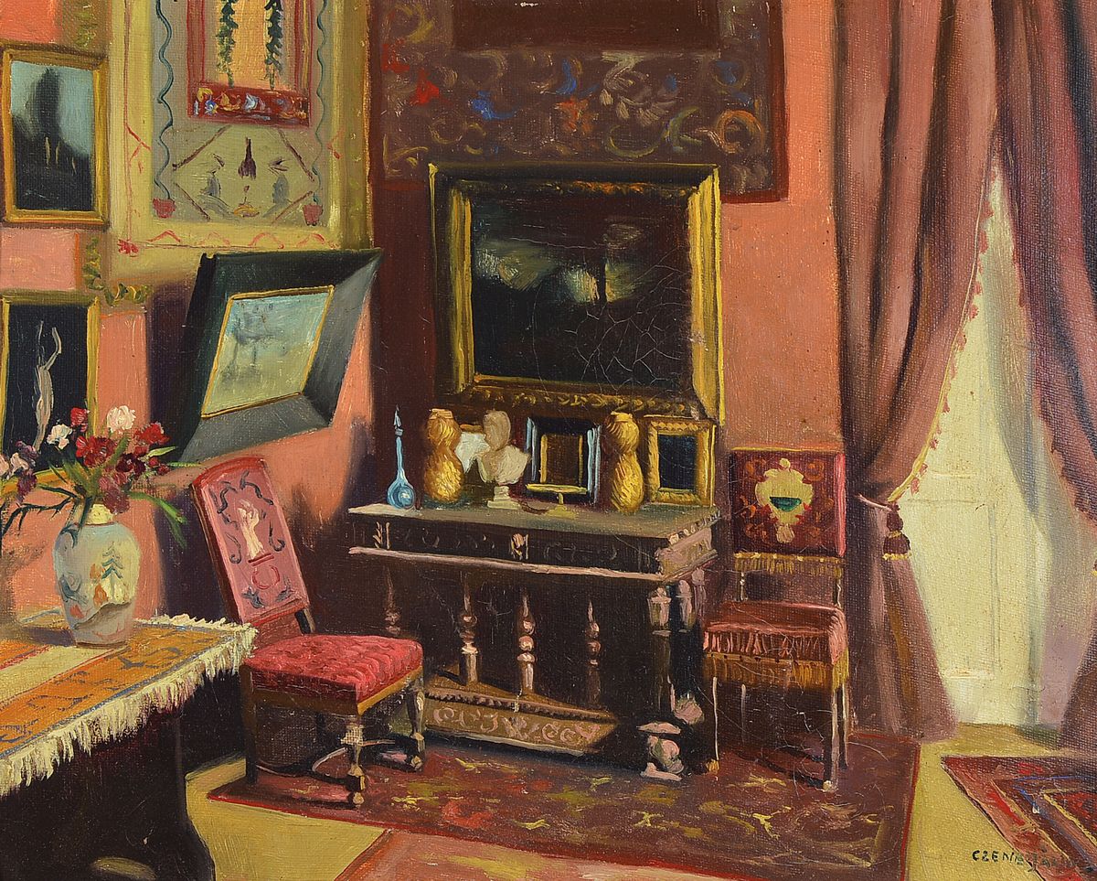 Czene Janos Apatfalvi, 1904-1984, Interieur mit Gemälden, Anrichte und Stühlen, Öl/Malkarton, gewölbt, rechts unten signiert Czene Janos, ca. ...