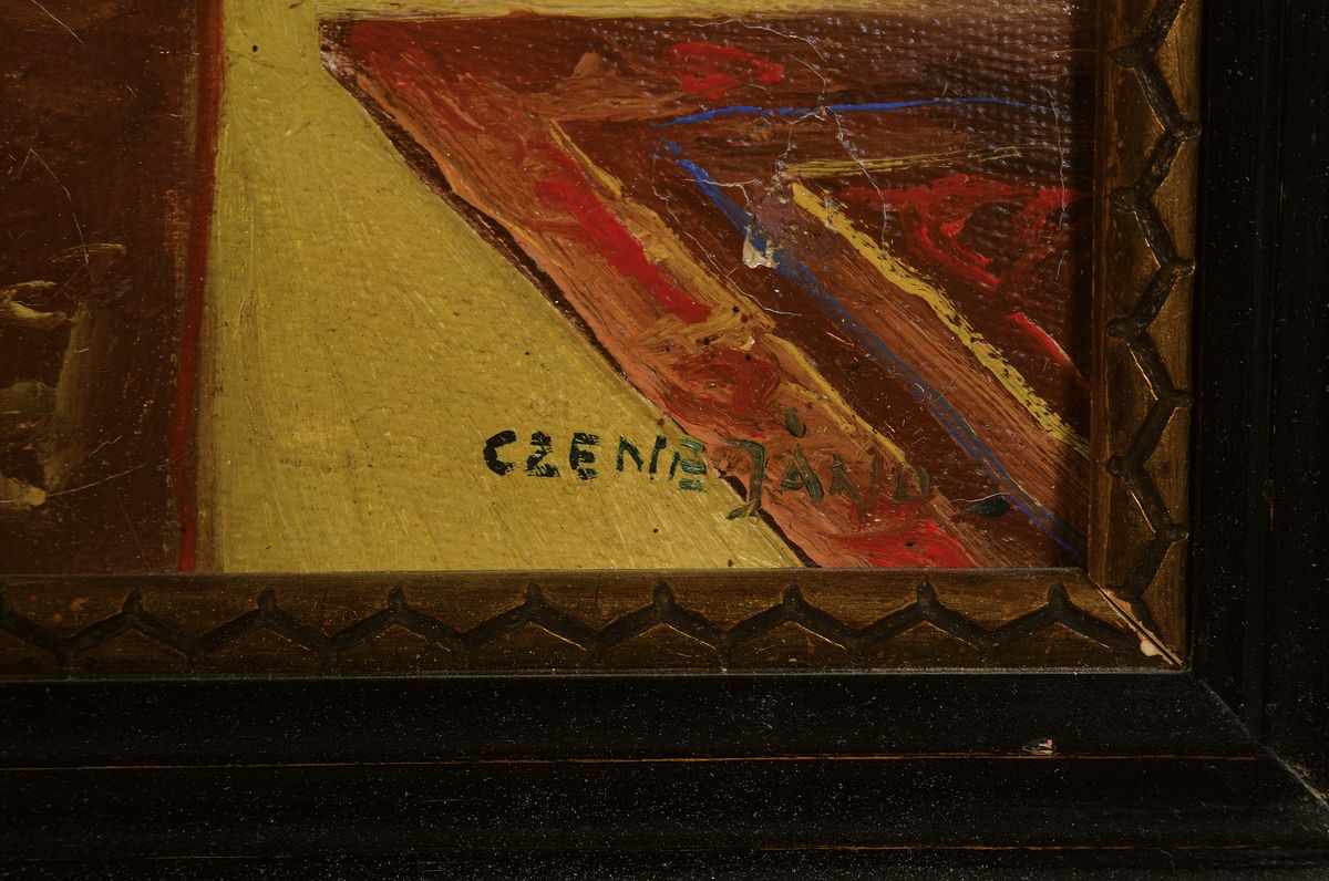 Detail a: Czene Janos Apatfalvi, 1904-1984, Interieur mit Gemälden, Anrichte und Stühlen, Öl/Malkarton, gewölbt, rechts unten signiert Czene Janos, ca. ...