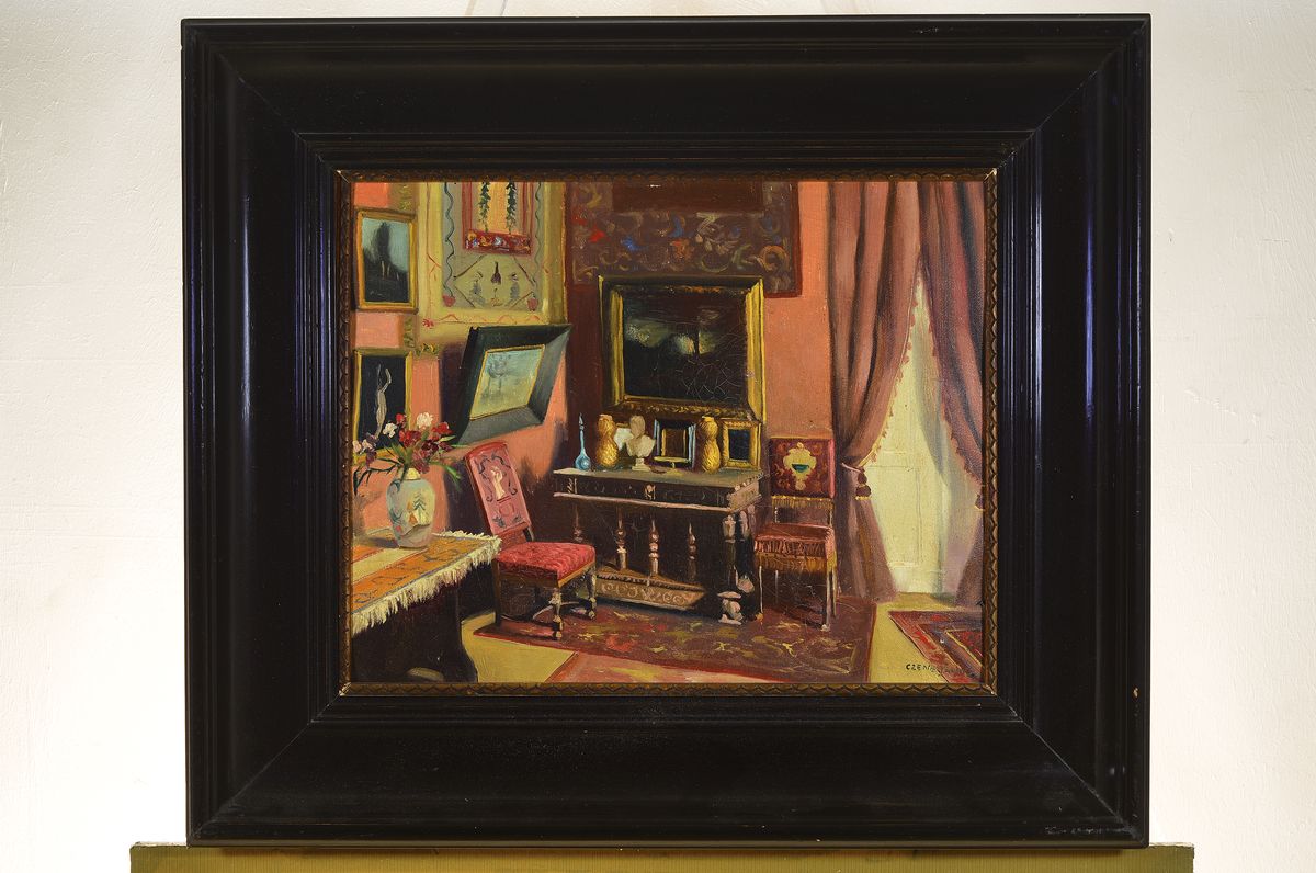 Detail k: Czene Janos Apatfalvi, 1904-1984, Interieur mit Gemälden, Anrichte und Stühlen, Öl/Malkarton, gewölbt, rechts unten signiert Czene Janos, ca. ...