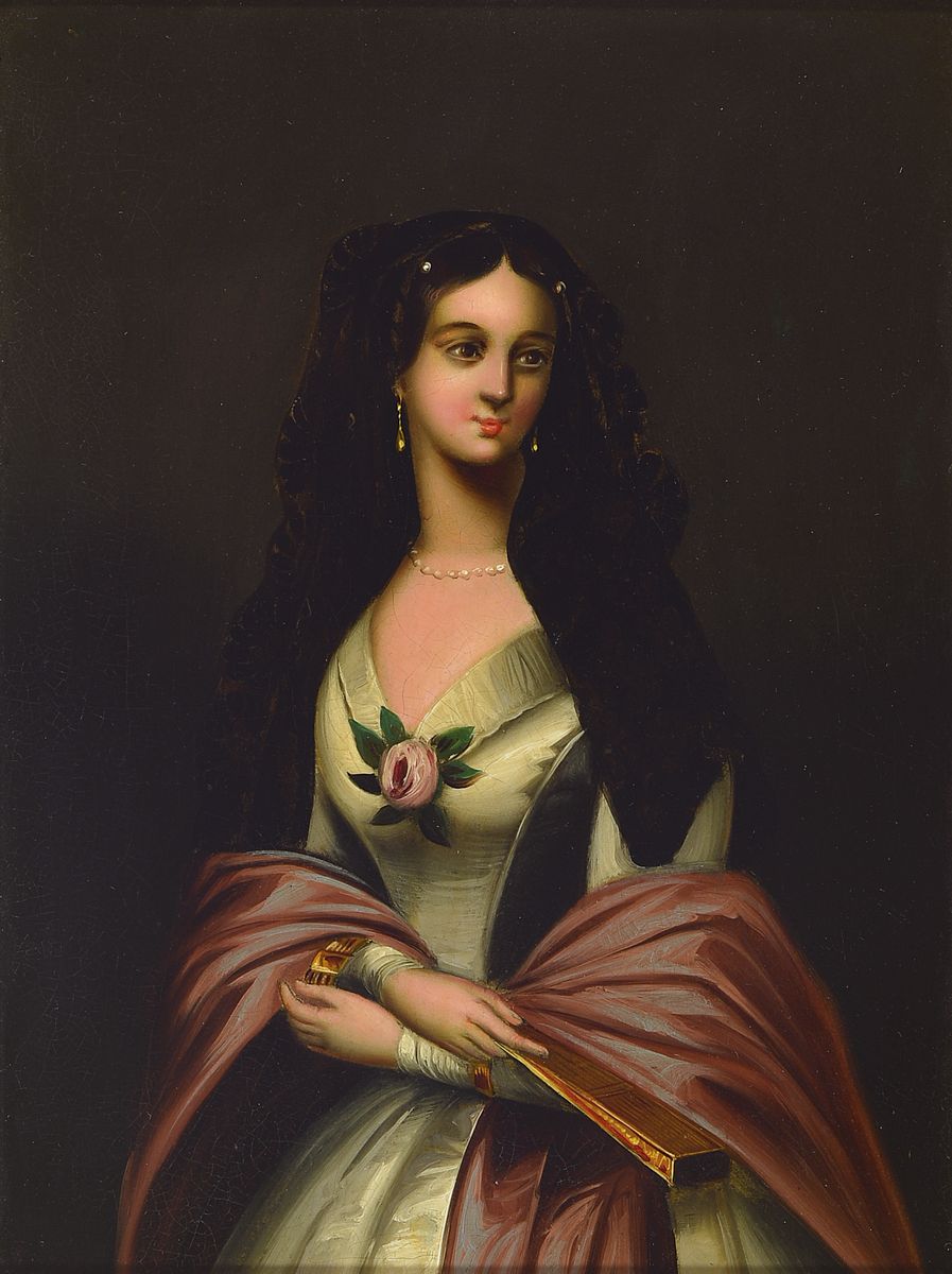 Porträtist um 1850, feines Porträt einer jungen Spanierin mit Fächer und Mantilla, Öl/Metall, feine lasierende Malerei, ca. 22x17cm, R. ca. ...