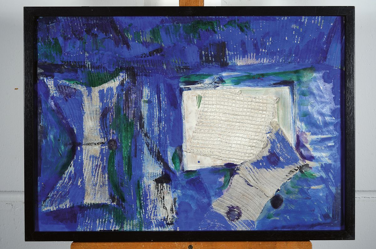 Detail k: Otto Ditscher, 1903 Neuhofen-1987, Abstrakte Komposition, collagiert mit Stoffen, rechts unten signiert und dat. 79, ca. 65x45cm