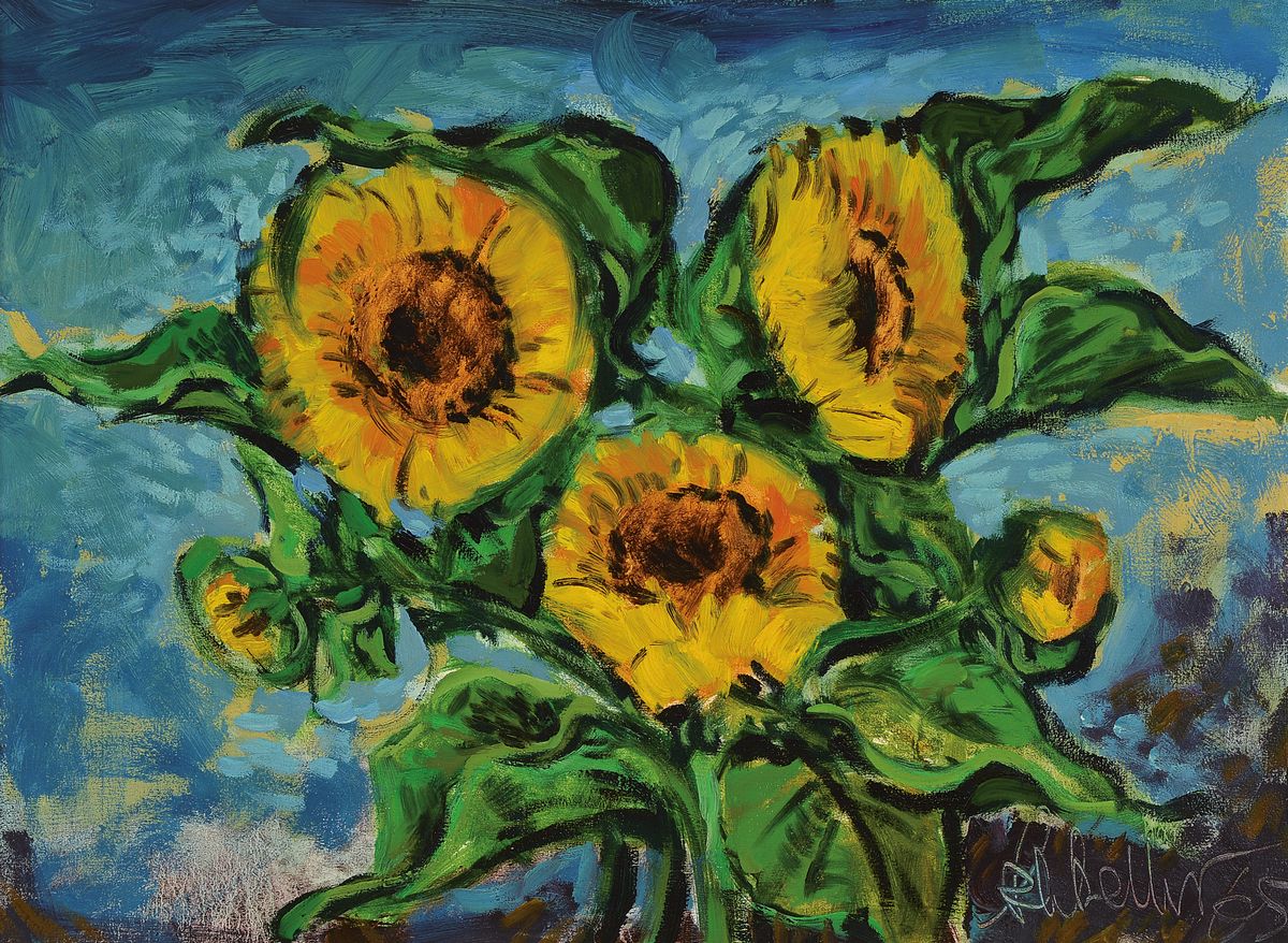 Klaus Heinrich Keller, geb. 1938 Godramstein, Stillleben mit Sonnenblumen, Öl/Lwd, sign. und dat. 65, ca. 75x55cm, R. ca. 90x70cm