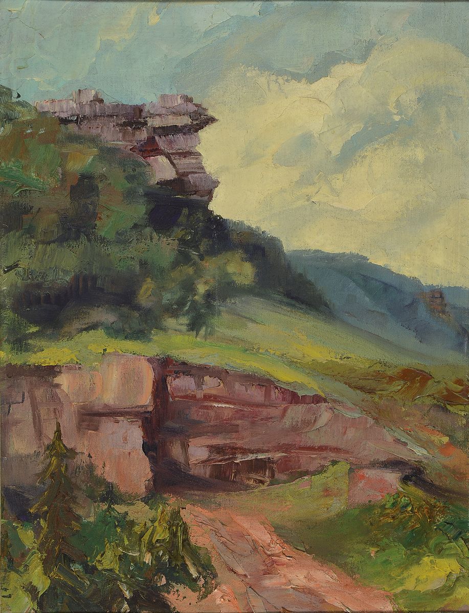 Karl Philipp Spitzer, 1887-1954 Speyer, Felsen im Wasgau, Öl/Malkarton, unsigniert, rückseitig Künstleretikett mit Titel, ca. 77x62cm