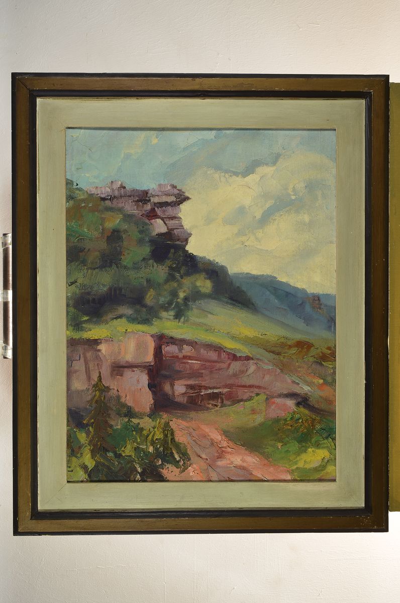 Detail k: Karl Philipp Spitzer, 1887-1954 Speyer, Felsen im Wasgau, Öl/Malkarton, unsigniert, rückseitig Künstleretikett mit Titel, ca. 77x62cm