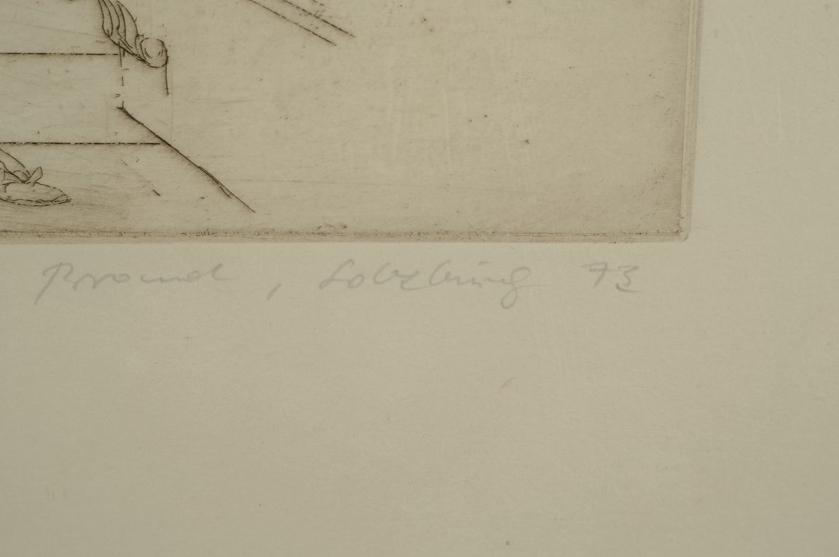 Detail c: Werner Brand, geb. 1933 Löbau, lebt und arbeitet in der Pfalz, 2 Radierungen: der Jubilar, von 1975, signiert, bez. 2. Zustandsdruck, ca. 34x26cm, ...