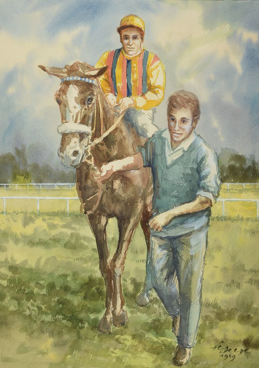 Heiner Deege, 1920-2007 Haßloch, Der Jockey Erwin Schindler zu Pferd, Aquarell, signiert und dat. 1969, ca. 68x49cm, PP, u.Gl., R. ca. 87x66cm