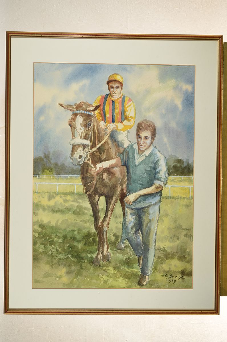 Detail k: Heiner Deege, 1920-2007 Haßloch, Der Jockey Erwin Schindler zu Pferd, Aquarell, signiert und dat. 1969, ca. 68x49cm, PP, u.Gl., R. ca. 87x66cm