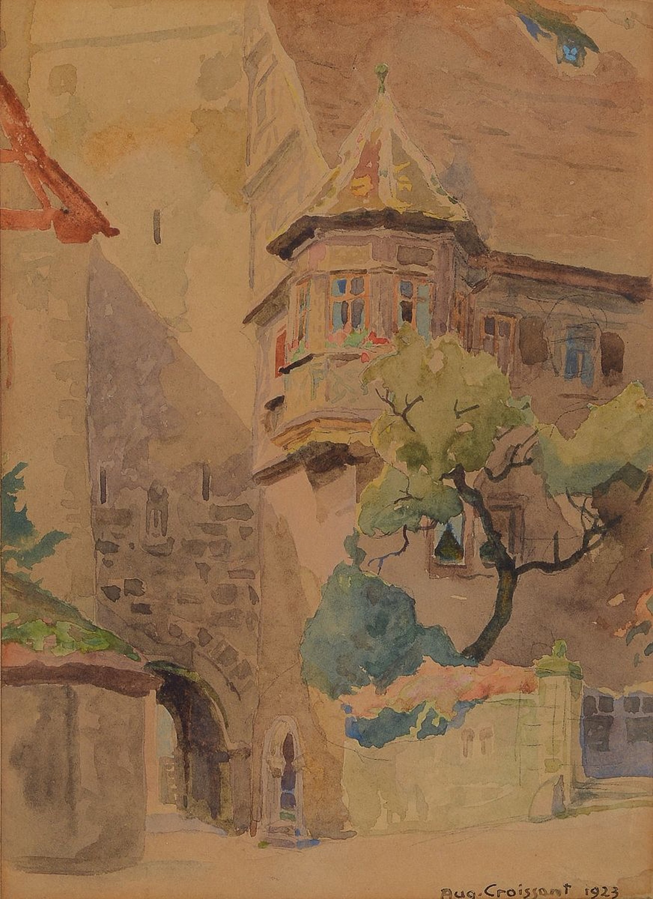 August Croissant, 1870 Landau-1941 Edenkoben, Blick auf einen Erker, Aquarell auf Papier, gebräunt, rechts unten signiert und dat. 1923, ca. ...