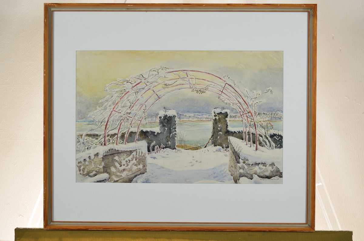 Detail k: Eugen Croissant, 1898 Landau-1976 Breitbrunn, Winterlandschaft am See, Aquarell auf Papier, signiert, ca. 30x47cm, PP, u.Gl., R. ca. 54x62cm