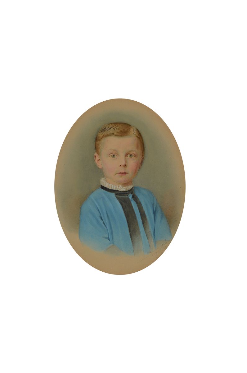 Detail a: Drei feine Porträtmalereien, deutsch, 19. Jh., Pastell auf Papier, Herr im Pelzkragen, Dame mit Spitzen besetztem Kleid, Knabe, rückseitig mit ...