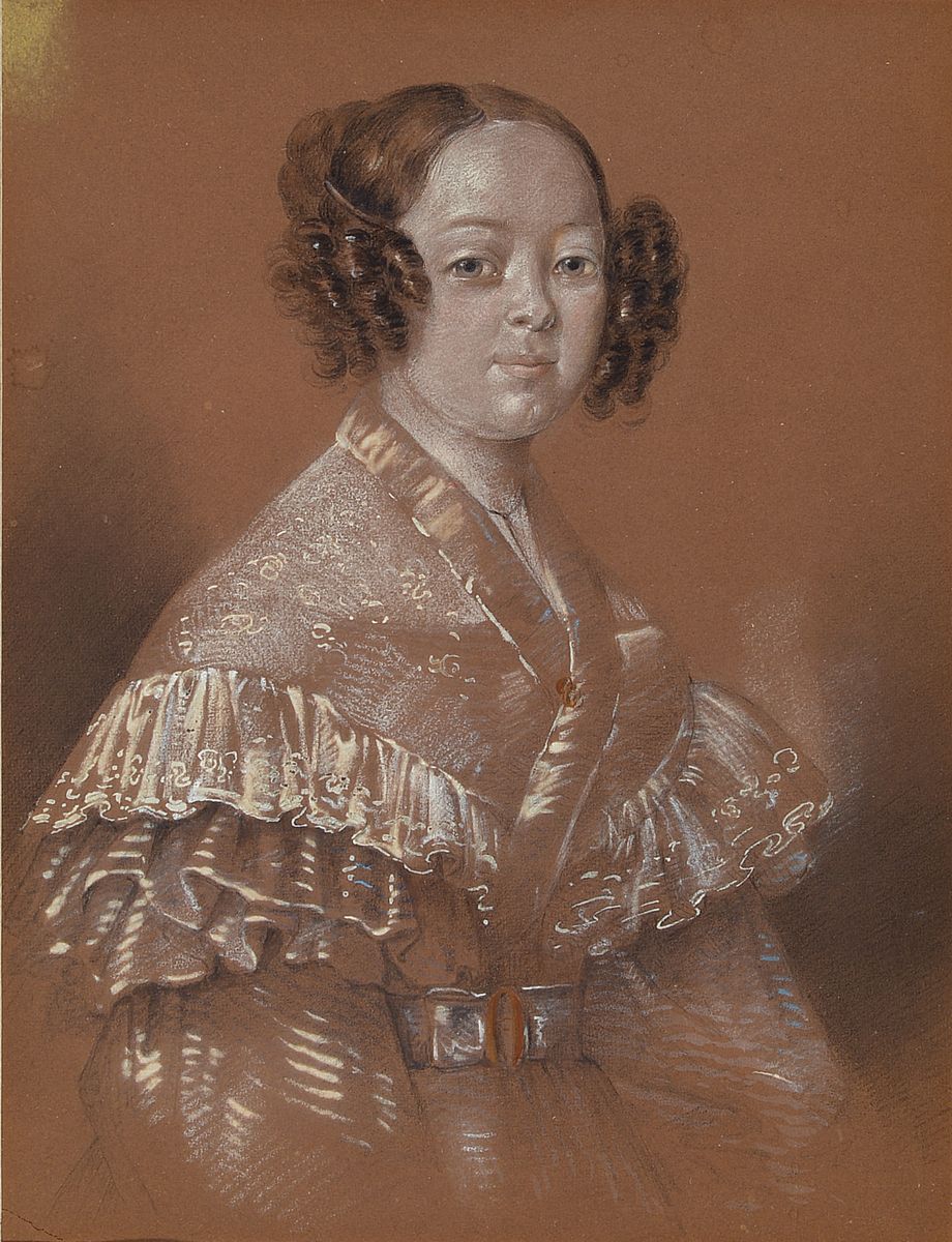 Detail b: Drei feine Porträtmalereien, deutsch, 19. Jh., Pastell auf Papier, Herr im Pelzkragen, Dame mit Spitzen besetztem Kleid, Knabe, rückseitig mit ...