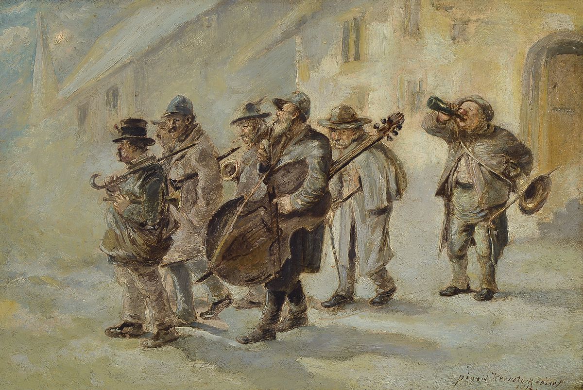 Josef Kernstock, datiert 1912, eine Gruppe Straßenmusiker, Öl/Holz, rechts unten signiert: pinxit Kernstock Josef 1912, ca. 23x36cm, R. ca. 37x48cm