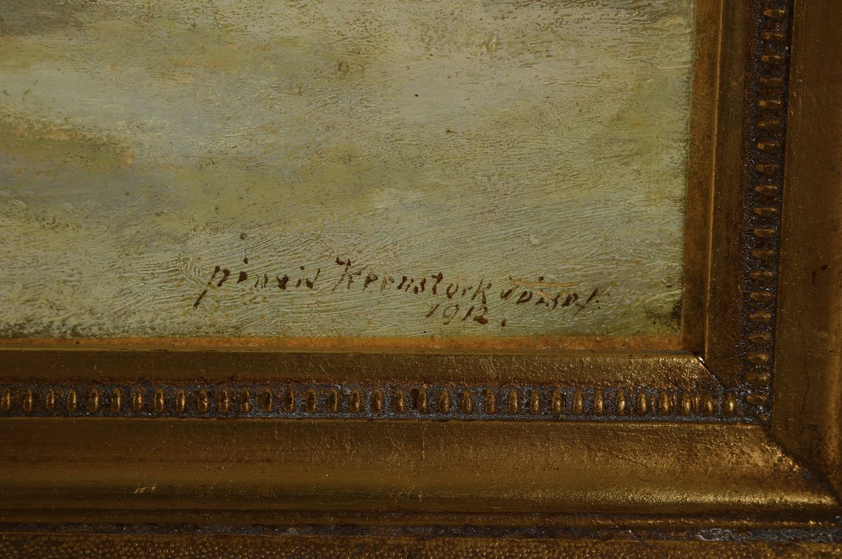 Detail a: Josef Kernstock, datiert 1912, eine Gruppe Straßenmusiker, Öl/Holz, rechts unten signiert: pinxit Kernstock Josef 1912, ca. 23x36cm, R. ca. 37x48cm