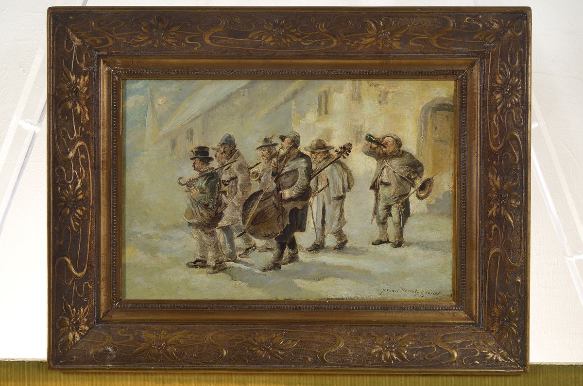 Detail k: Josef Kernstock, datiert 1912, eine Gruppe Straßenmusiker, Öl/Holz, rechts unten signiert: pinxit Kernstock Josef 1912, ca. 23x36cm, R. ca. 37x48cm