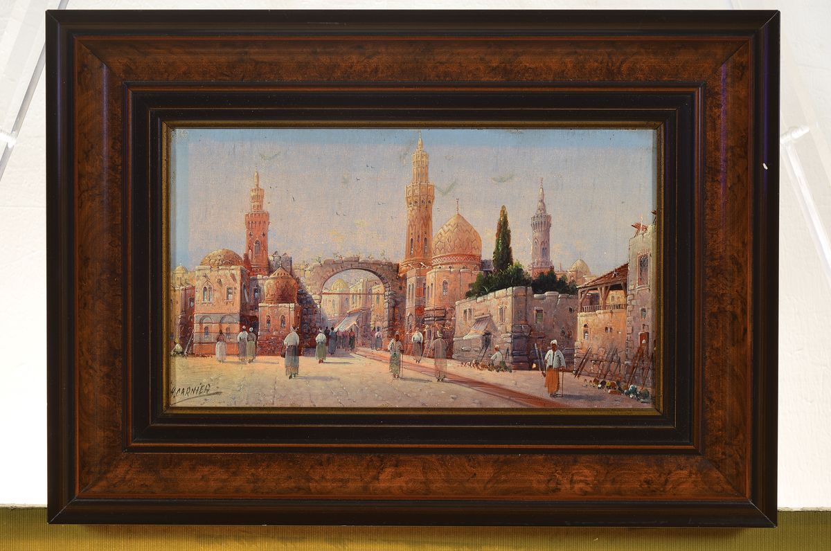 Detail k: Henri Carnier, Pseudonym des Karl Kaufmann, 1843-1902/05, Blick auf eine orientalische Hauptstadt, Öl/Lwd, links unten signiert, feine lasierende ...