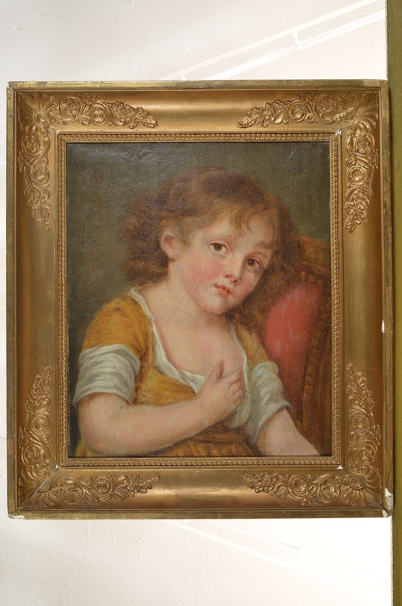 Detail k: Unbekannter Künstler des 19. Jh., Porträt eines Kindes in der Art nach Jean Baptiste Greuze, Öl/Lwd, ca. 40x32cm, R. ca. 50x45cm