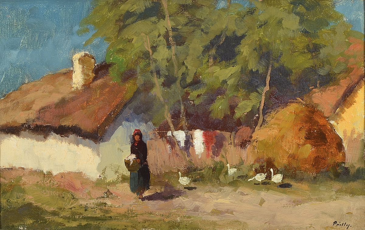 Ungarischer Maler um 1900, Auf dem Bauernhof, Öl/Lwd, rechts unten unleserlich signiert, ca. 25x39cm, ca. 12cm breiter Rahmen, dieser besch.