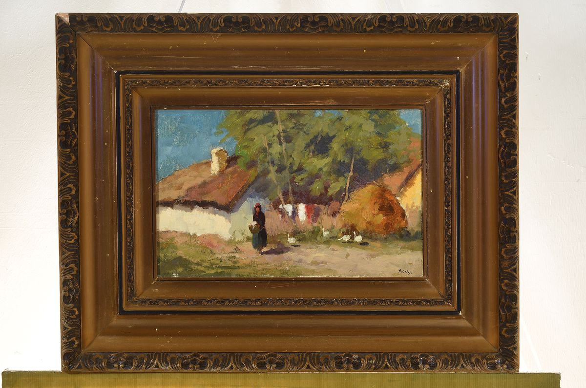 Detail k: Ungarischer Maler um 1900, Auf dem Bauernhof, Öl/Lwd, rechts unten unleserlich signiert, ca. 25x39cm, ca. 12cm breiter Rahmen, dieser besch.