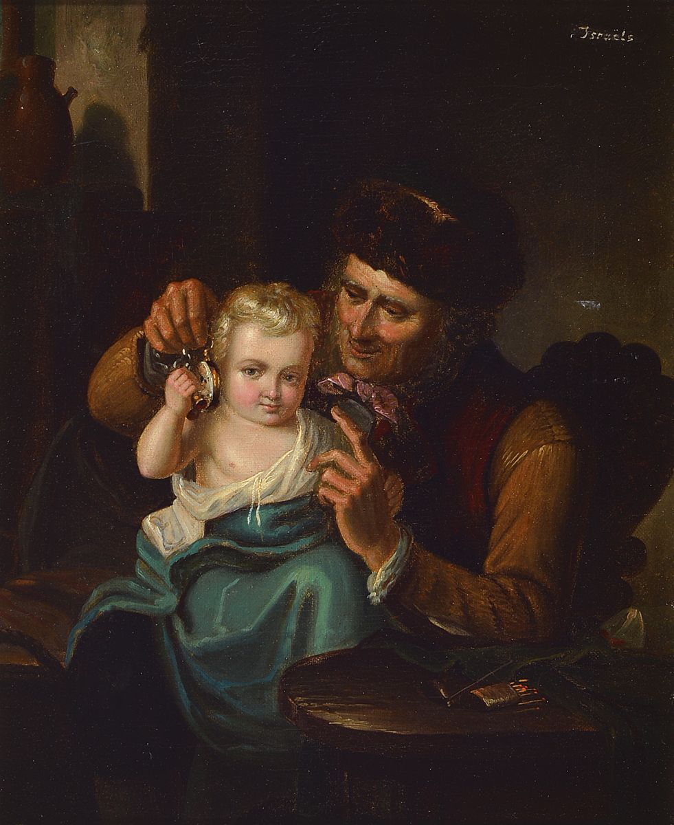 Unbekannter Künstler des 19. Jh., Großvater hält dem Kind die Taschenuhr ans Ohr, in der Art des Josef Israels (1865-1911), Öl/Lwd, rest., rechts ...