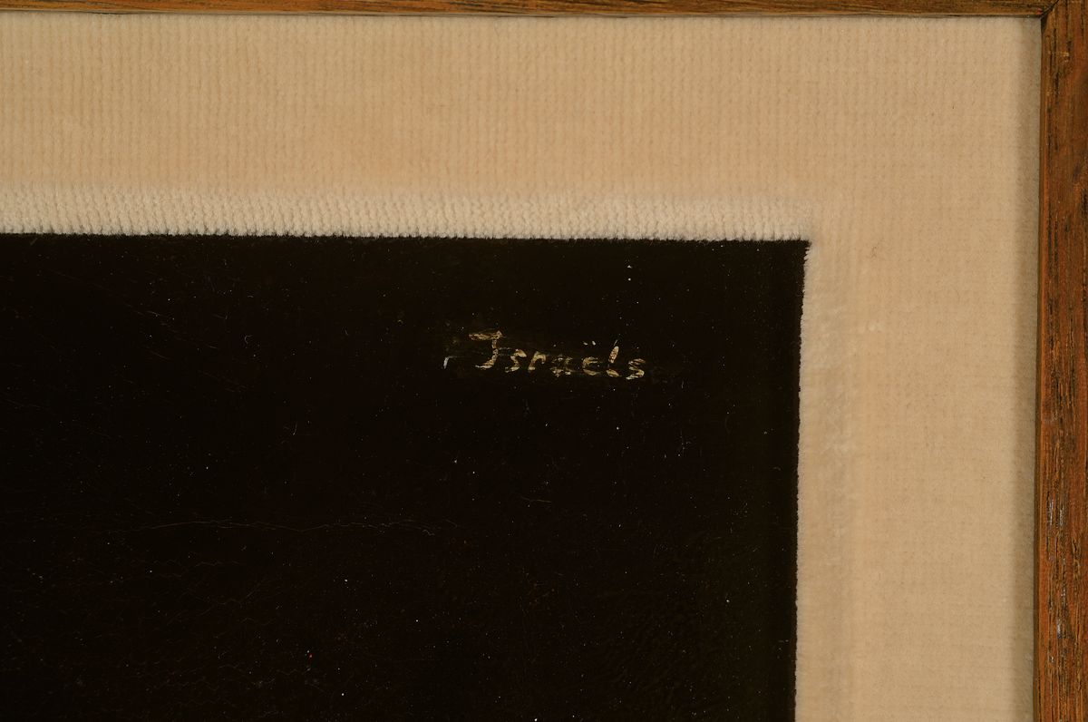 Detail a: Unbekannter Künstler des 19. Jh., Großvater hält dem Kind die Taschenuhr ans Ohr, in der Art des Josef Israels (1865-1911), Öl/Lwd, rest., rechts ...