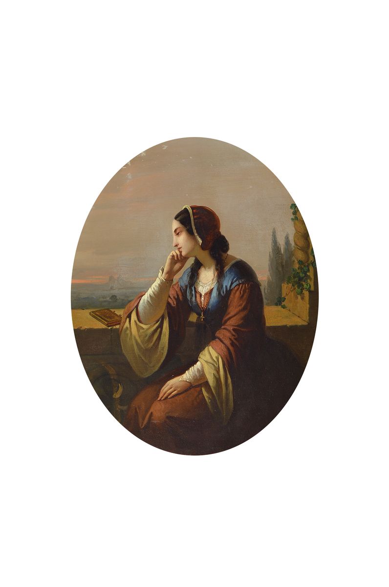 Unbekannter Künstler, um 1840-50, Junge Frau blickt sinnend über die Brüstung ins Abendrot, Öl/Lwd, rest., doubl., ovaler Bildausschnitt ca. ...