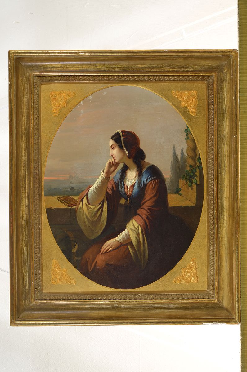Detail k: Unbekannter Künstler, um 1840-50, Junge Frau blickt sinnend über die Brüstung ins Abendrot, Öl/Lwd, rest., doubl., ovaler Bildausschnitt ca. ...