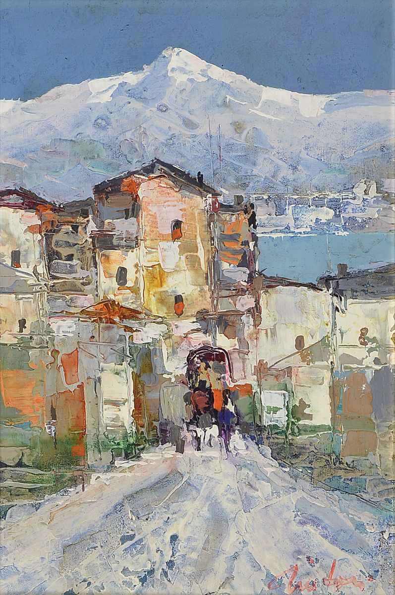 Bruno Tintori, 1917 Livorno-1991, Straße ins Bergdorf, Öl/Holz, rechts unten signiert, ca. 30x20cm, R. ca. 54x44cm
