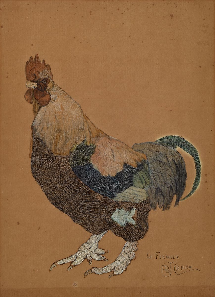 Arthur Craco, 1869-1955, Belgien, Hahn, Buntstiftzeichnung über Tusche, Papier gebräunt und leicht fleckig, rechts unten signiert und bezeichnet: ...