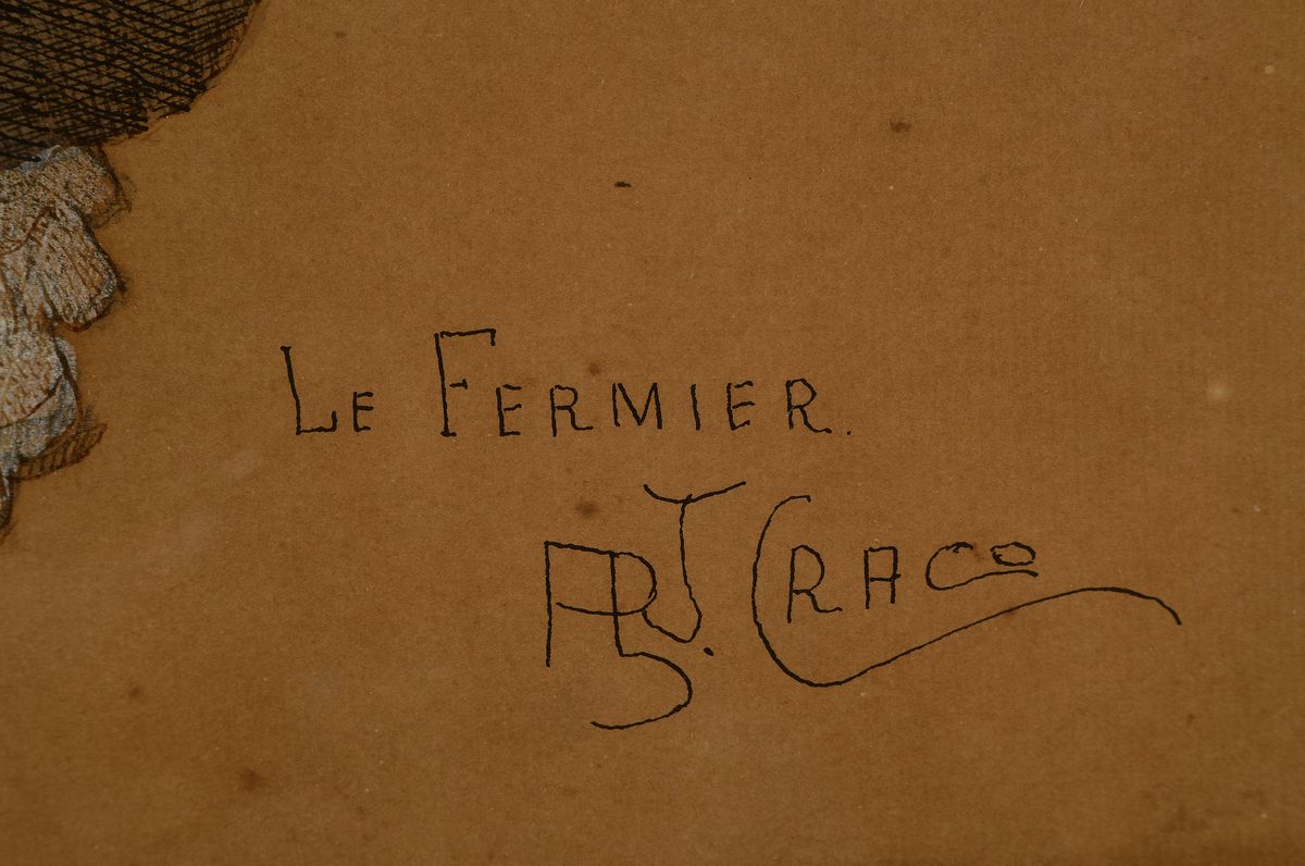 Detail a: Arthur Craco, 1869-1955, Belgien, Hahn, Buntstiftzeichnung über Tusche, Papier gebräunt und leicht fleckig, rechts unten signiert und bezeichnet: ...