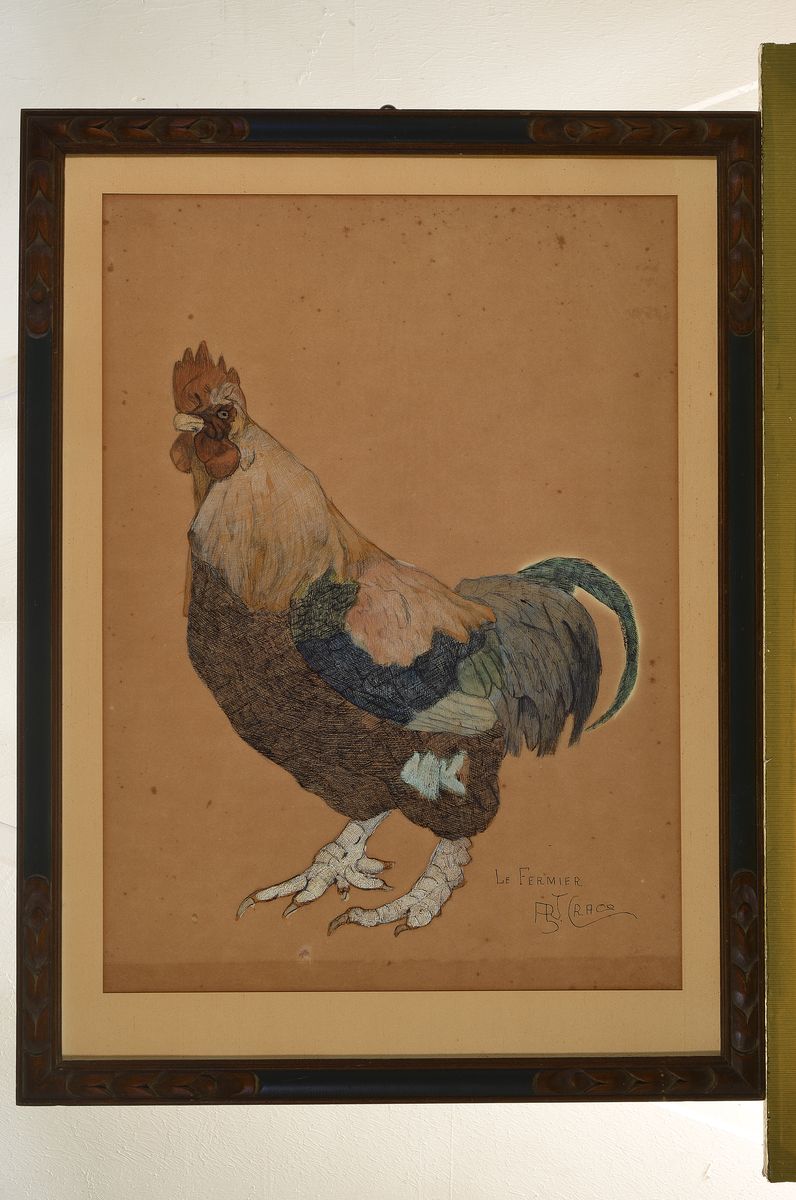 Detail k: Arthur Craco, 1869-1955, Belgien, Hahn, Buntstiftzeichnung über Tusche, Papier gebräunt und leicht fleckig, rechts unten signiert und bezeichnet: ...
