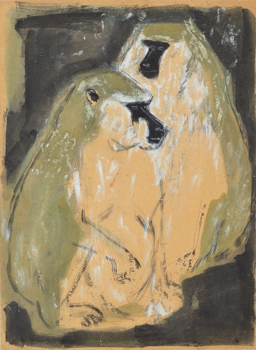 Zach, Städelschule, Frankfurt datiert (19)47, Pavian-Paar, Aquarell und Gouache auf Papier, rechts unten signiert und dat., ca. 46x33cm, u.Gl., R. ...