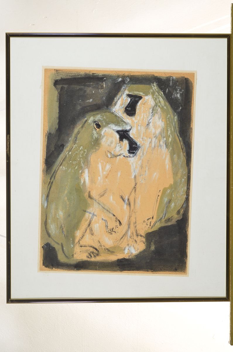 Detail k: Zach, Städelschule, Frankfurt datiert (19)47, Pavian-Paar, Aquarell und Gouache auf Papier, rechts unten signiert und dat., ca. 46x33cm, u.Gl., R. ...