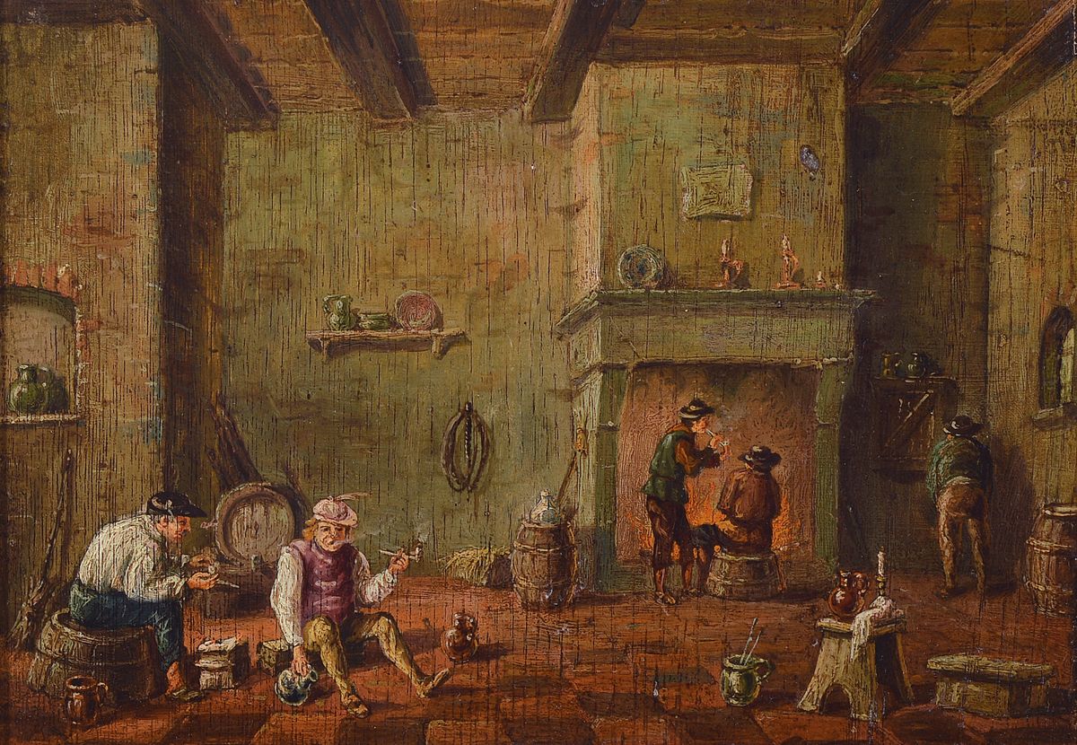 Detail a: niederländischer Künstler, um 1800, 2 Pendants, bäuerliche Wirtshausszenen, Öl/Holz,je ca. 20x27cm, R. ca. 30x38cm