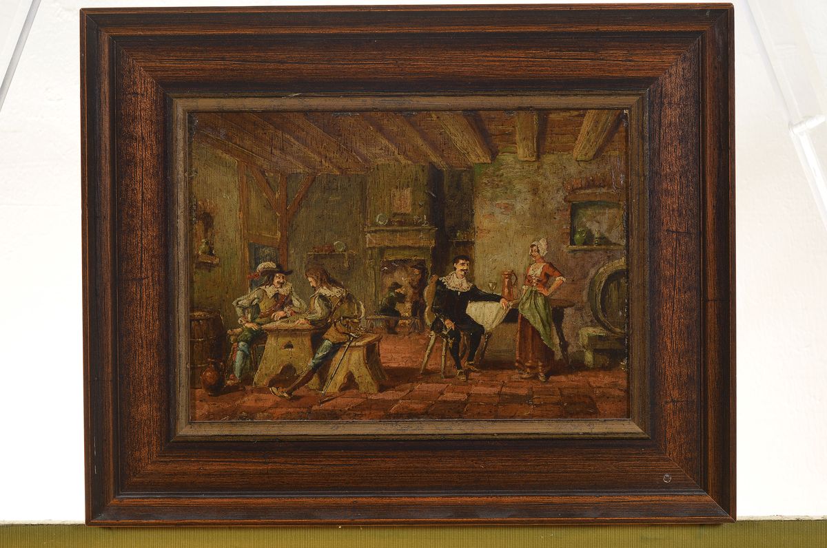 Detail k: niederländischer Künstler, um 1800, 2 Pendants, bäuerliche Wirtshausszenen, Öl/Holz,je ca. 20x27cm, R. ca. 30x38cm