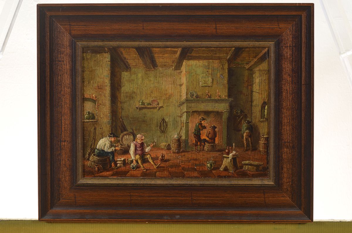 Detail l: niederländischer Künstler, um 1800, 2 Pendants, bäuerliche Wirtshausszenen, Öl/Holz,je ca. 20x27cm, R. ca. 30x38cm