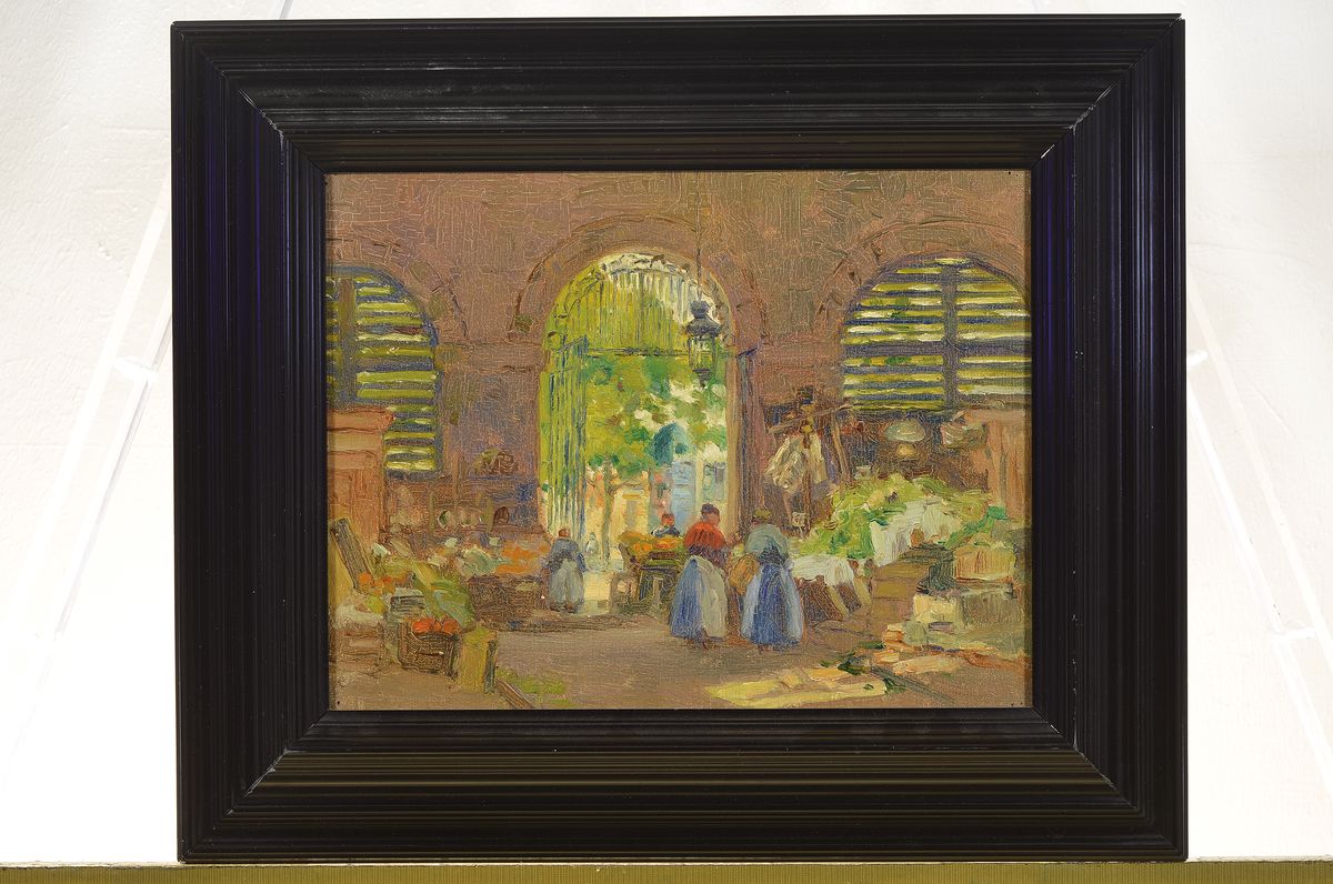 Detail k: George Graham II, 1881-1949, Markthallen in Paris, Öl/Lwd, rückseitig Etikett mit Künstlernamen und Titel, ca. 27x36cm, R. ca. 40x48cm