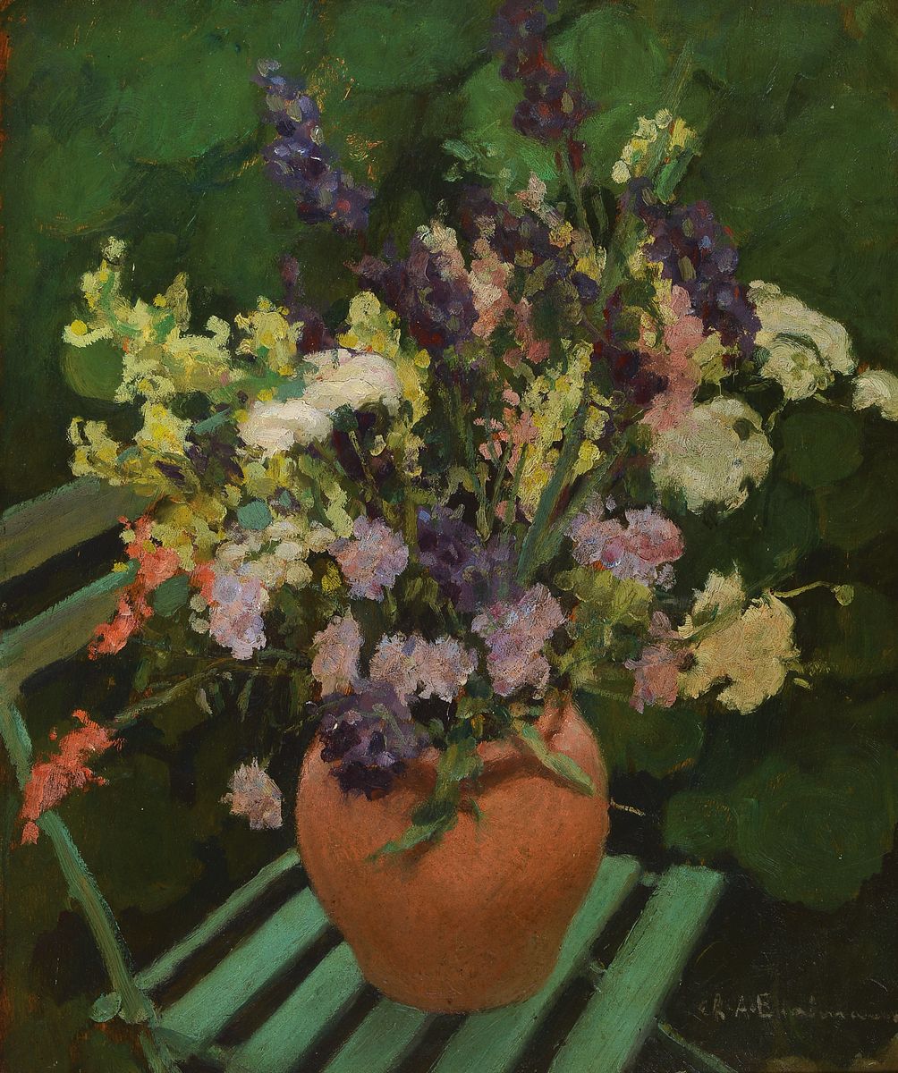 Charles Auguste Edelmann, 1879-1950, Stillleben mit Blumen in Tonvase auf einem Gartenstuhl, Öl/Malkarton, rechts unten signiert, ca. 65x55cm, R.ca. ...