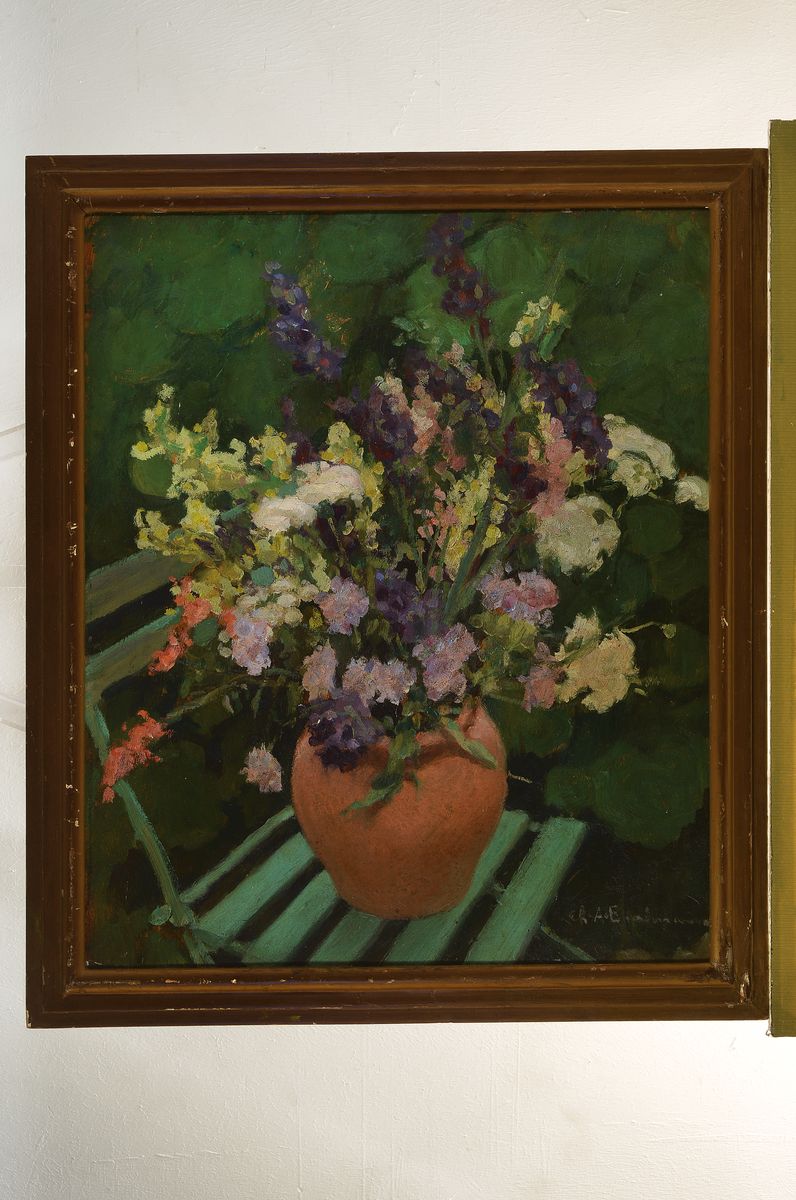 Detail k: Charles Auguste Edelmann, 1879-1950, Stillleben mit Blumen in Tonvase auf einem Gartenstuhl, Öl/Malkarton, rechts unten signiert, ca. 65x55cm, R.ca. ...