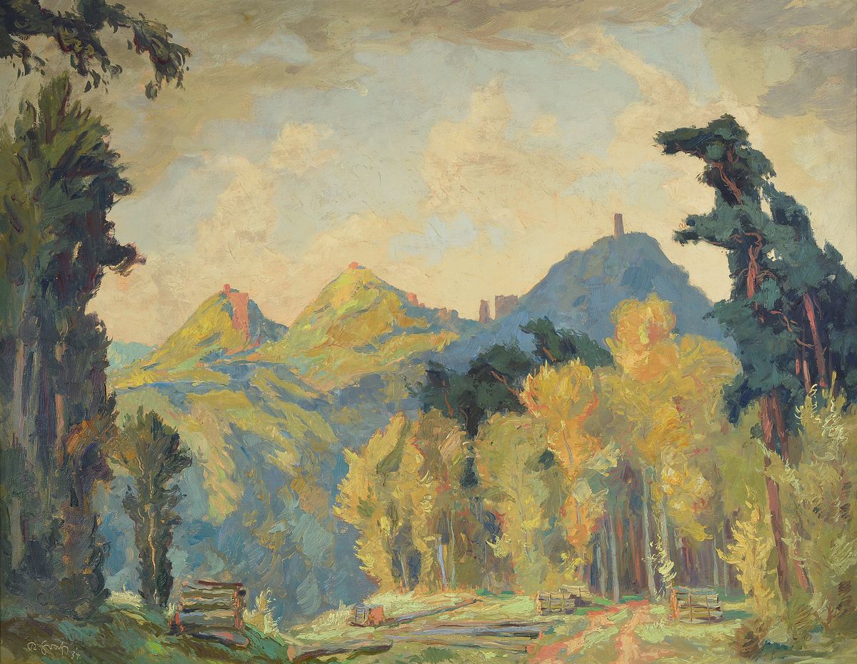 Karl Graf, 1902-1986 Speyer, Landschaft in der Südpfalz mit Trifels, Anebos und Münz, Öl/Lwd, links unten signiert und dat. 1934, ca. 77x99cm, R. ...