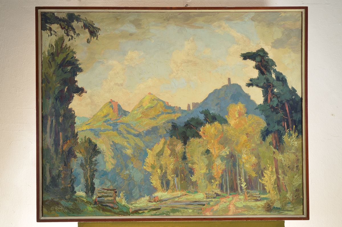 Detail k: Karl Graf, 1902-1986 Speyer, Landschaft in der Südpfalz mit Trifels, Anebos und Münz, Öl/Lwd, links unten signiert und dat. 1934, ca. 77x99cm, R. ...