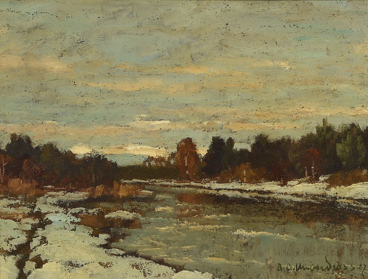 Oskar Raphael Unverdross, 1873 Düsseldorf-1952, Winterlandschaft mit Baum bestandenem Flusslauf, Öl/Lwd, rechts unten signiert, ca. 30x41cm, u.Gl., ...