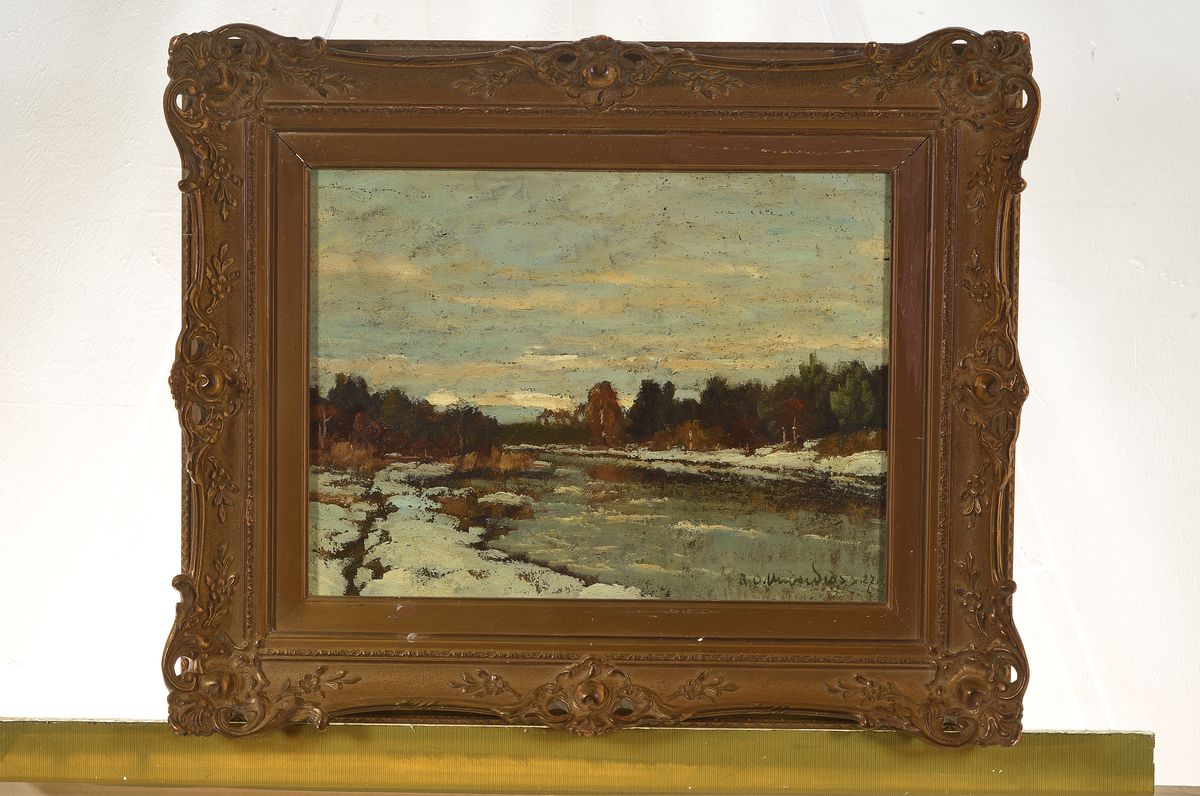 Detail k: Oskar Raphael Unverdross, 1873 Düsseldorf-1952, Winterlandschaft mit Baum bestandenem Flusslauf, Öl/Lwd, rechts unten signiert, ca. 30x41cm, u.Gl., ...
