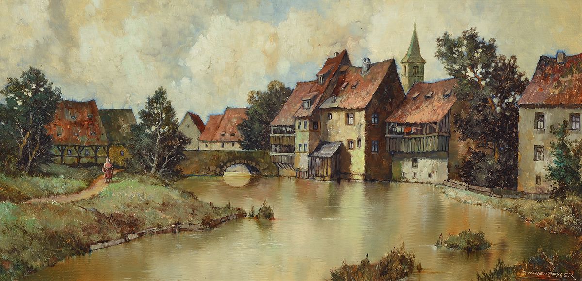 J. Hohenberger, zeitgenössischer Traditionalist, Blick auf eine Häuserreihe am Fluss, Öl/Holz, rechts unten signiert, ca. 25x50cm, R. ca. 35x60cm