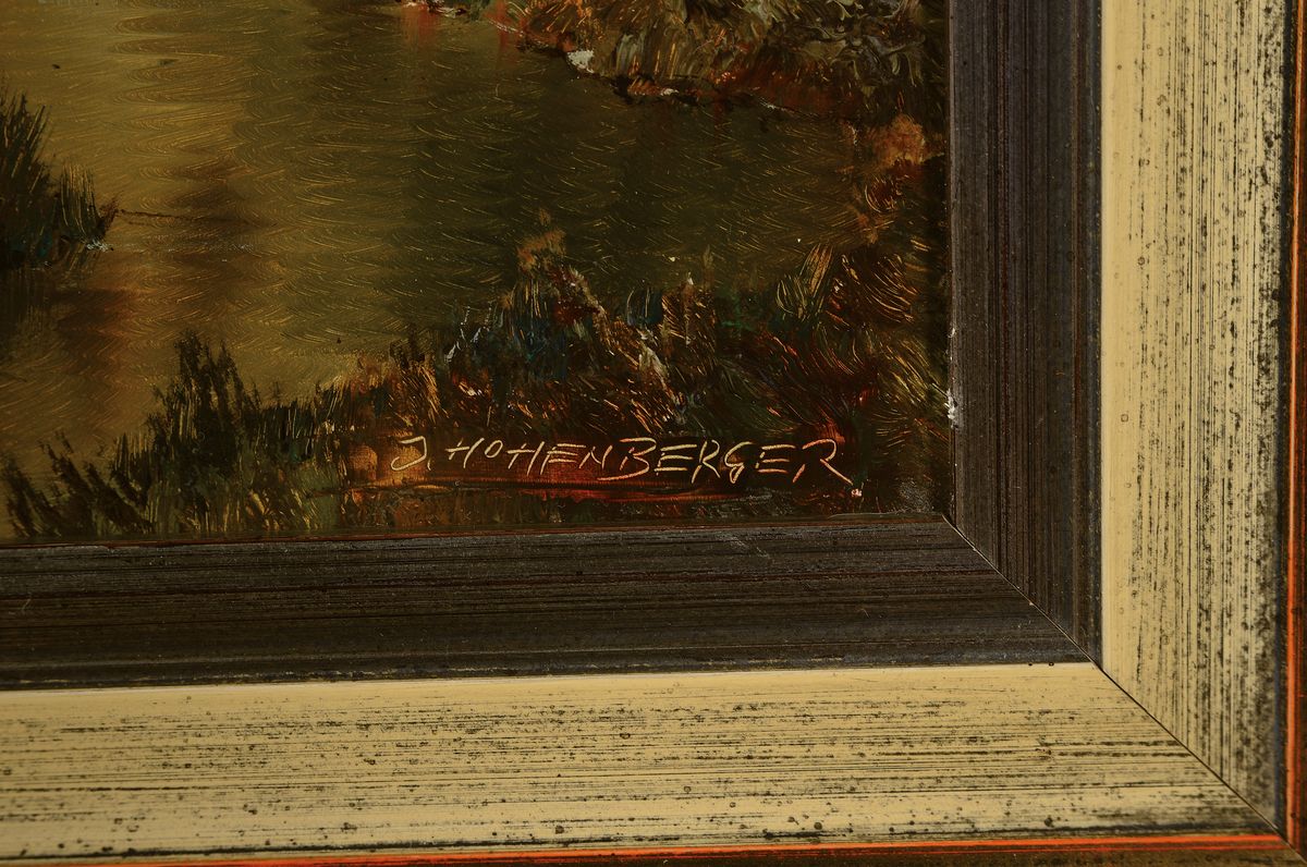 Detail a: J. Hohenberger, zeitgenössischer Traditionalist, Blick auf eine Häuserreihe am Fluss, Öl/Holz, rechts unten signiert, ca. 25x50cm, R. ca. 35x60cm